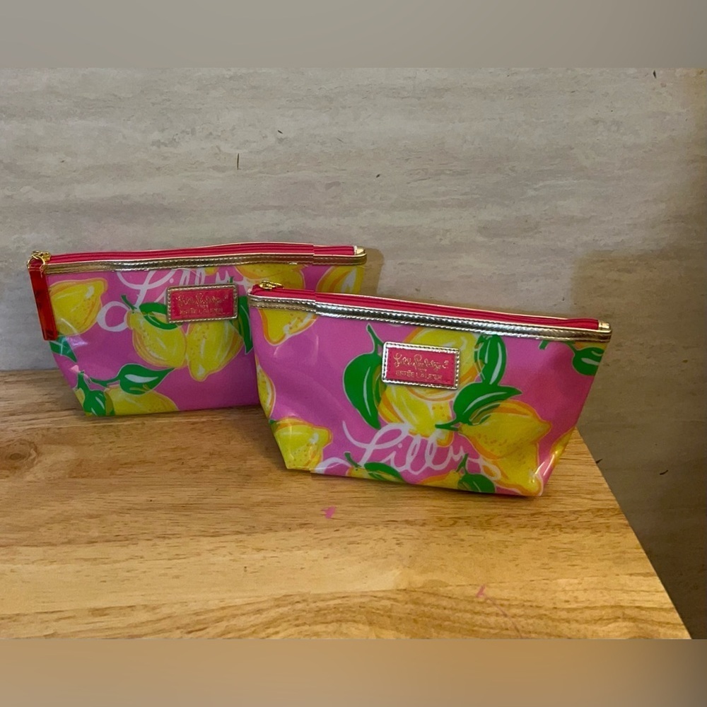 2 Lilly Pulitzer Estée Lauder Vibrant Pink and Lemon Cosmetic Bag Duo